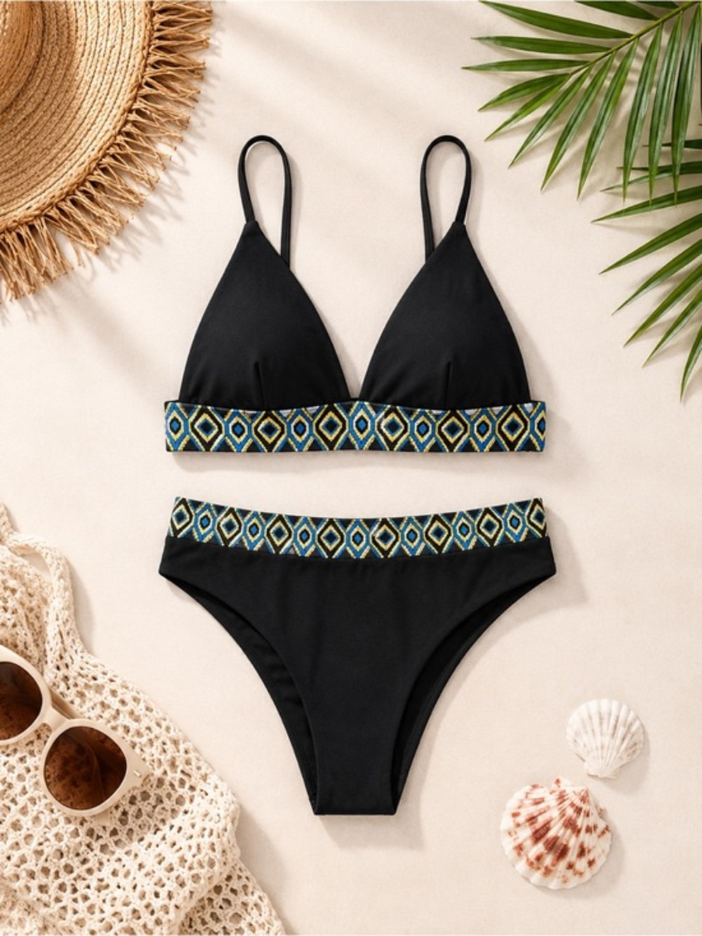 ZAFUL by SHEIN aztec border black triangle bikini high cut bottoms XXL NWT OBO